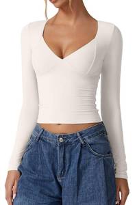 lot 9278 image: QINSEN V Neck Tops for Women Long Sleeve Crop Tops Double Lined Seamed Cup T Shirt Splashed White XS