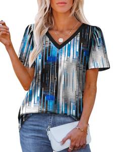 lot 9281 image: OFEEFAN T Shirts for Women V Neck Dressy Casual Blouses Puff Short Sleeve Summer Tops Loose Fit Tech Print XL