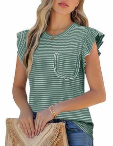 lot 9282 image: Womens Summer Tops Striped T-Shirts 2025 Ruffle Short Sleeve Crew Neck Casual Blouses Tshirts Shirts for Women with Pocket Green S