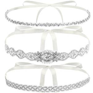 lot 9286 image: Hiceeden 3 Pieces Rhinestone Bridal Belt, Silver Crystal Bridal Sash with White Ribbon Wedding Dresses Belt for Women, Bride, Bridesmaids, Gown, Party, Prom