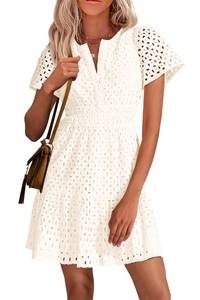 lot 9288 image: PRETTYGARDEN Womens 2025 Summer Short Dress V Neck Short Sleeve A Line Hollow Out Lace Ruffle Cute Casual Beach Party Dresses (White,XX-Large)