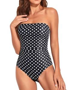 lot 9290 image: Holipick Women Black Dot Bandeau One Piece Swimsuits Tummy Control Bathing Suits Halter Strapless Swimwear M
