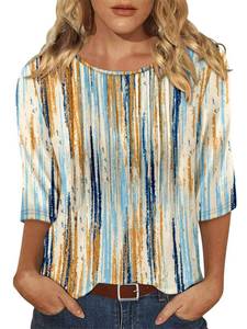 lot 9293 image: KISSMODA 34 Sleeve Tops for Women Trendy Dressy Casual Summer Blouses 2025 Beach Vacation Clothes Loose Fit Stripes L