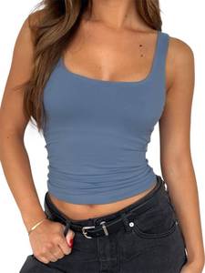 lot 9297 image: ForeFair Womens Sleeveless Square Neck Tank Top Double Layer Basic Crop Tops Summer Fitness Workout Casual Tops(XS,Ash Blue)