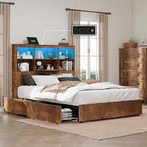 lot 30131 image: Wooden Storage Bed Frame with LED Bookcase Headboard -Retail- $259