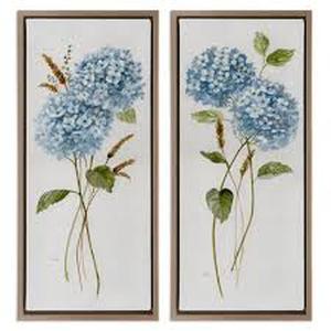 lot 29873 image: Blue Hydrangea Long Stems 2 Piece Grain Framed Floater Canvas Set