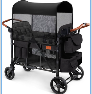 lot 36876 image: ZTDM Wagon Stroller for 4 Kids, All-Terrain Wagon for Toddler with Canopy, Parent Organizer, Shoulder Bag, Adjustable Handlebar, Phone Holder, High Seat & 5 Point Harness, Ultimate Quad (Black) - Retail $499