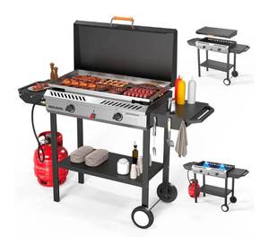 lot 36877 image: ROVSUN 2-Burner 150,000 BTU 2-in-1 Propane Stove & Griddle with Side Shelves, Wheels - Retail $279