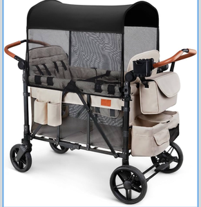 lot 36880 image: ZTDM Wagon Stroller for 4 Kids, All-Terrain Wagon for Toddler with Canopy, Parent Organizer, Shoulder Bag, Adjustable Handlebar, Phone Holder, High Seat & 5 Point Harness, Ultimate Quad (Beige) - Retail $499