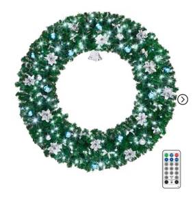 lot 36884 image: VINGLI 60 outdoor wreath with 220 LEDs, 600 tips, bells & blue-silver ornaments. Perfect for grand entrances, churches, and fences. - Retail $157