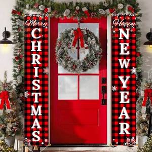 lot 36890 image: Merry Christmas & Happy New Year Decorations, Red Black Buffalo Plaid Banner, 2 Pcs Front Porch Sign Set, Indoor Outdoor Yard Wall Home Decor - Retail $0