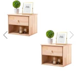 lot 36903 image: VINGLI Wood Floating Nightstand Natural Bedside Table with Drawer 2 pack  - Retail $0