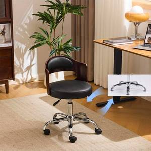 lot 36907 image: vingli armless home office desk chair, Adjustable Swivel chair, dual-use withno wheels, Small retro designed walnut curved task chair, Cushioned nail tech chair for study area,workspace,pu,black - Retail $65