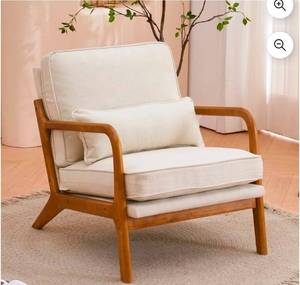 lot 36915 image: Bonnlo Linen Mid Century Modern Accent Chair, Soild Wood Padding Lounge Armchairs Side Sitting Chairs for Living Room, Bedroom, Guest Room - Retail $98