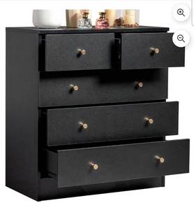 lot 36923 image: 5 Drawer Wood Dresser for Bedroom, Chest of Drawers, Storage Organization Unit for Clothing, Black - Retail $0