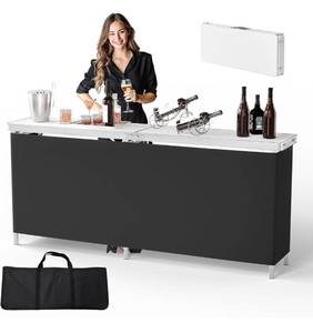 lot 36924 image: VINGLI 78 Portable Bar Table, 2-Tier Shelves, Mobile Bar Table for Events, Party, Camping, Picnic, Tradeshow, Indoor with Black Skirt - Retail $99