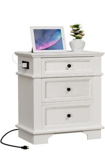 lot 36926 image: VINGLI White Nightstand 24 W Nightstand with Charging Station, 3 Drawer Nightstand with Textured Drawers, Large Nightstands Wood, Bedside Table,Vintage Night Stand for Bedroom - Retail $115