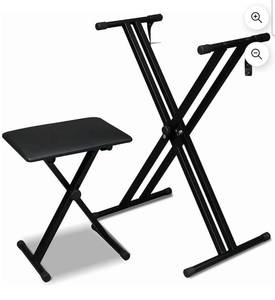 lot 36933 image: Keyboard Stand and Bench Set, Adjustable Height Digital Piano Stand with Lockable Straps  - Retail $0