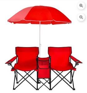 lot 36934 image: Portable Folding Picnic Double Chair WUmbrella Table Cooler Beach Camping Red - Retail $109