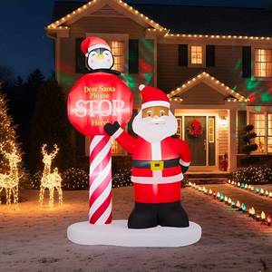 lot 36947 image: VINGLI 8.2FT Santa Stop Here Sign Inflatable,Christmas Black Santa wPengiun Inflatable Yard Decoration with LED Lights Built in, Christmas Blow ups Outdoor Decoration, Holiday Decor - Retail $0