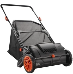 lot 36973 image: Push Lawn Sweeper, 21-inch Leaf & Grass Collector, Strong Rubber Wheels & Heavy Duty Thickened Steel Durable to Use with Large Capacity 3.5 cu. ft. Mesh Collection Hopper Bag, 2 Spinning Brushes - Retail $159