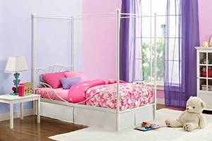 lot 28852 image: DHP Metal Canopy Kids Platform Bed with Four Poster Design, Scrollwork Headboard and Footboard, Underbed Storage Space, No Box Sring Needed, Twin, Pink (B019C6P2IC)