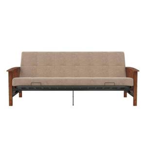 lot 28880 image: Elbi Full Size Wood Arm and Black Metal Futon Frame, Natural