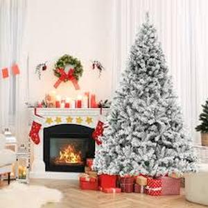 lot 28859 image: Costway 8 FT Pre-Lit Christmas Tree 3-Minute Quick Shape Flocked Decor with 600 LED Lights