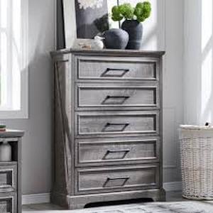 lot 28873 image: Farmhouse 5 Drawers Dresser, Wood Rustic Chest of Drawers for Bedroom, Tall Dressers Organizer with Metal Handles, 5 Drawers Chest for Living Room, Hallway, Entryway