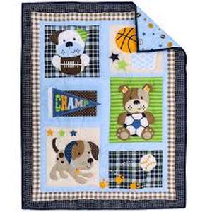 lot 28931 image: Brandream Sport Baby Crib Bedding Sets for Boys  Champ Star Dogs in Baseball Basketball Football and So On 3-Piece Patchwork Nursery Set Blue - Baby Quilt, Fitted Crib Sheet, Crib Skirt Included