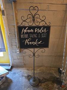 lot 20596 image: Decorative Metal Standing Chalkboard Sign