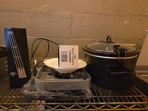lot 20650 image: Contents of Shelf Including Crockpot, Chef Master Portable Butane Stove and More