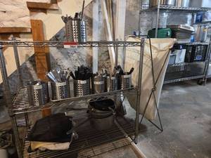 lot 20661 image: Restaurant Kitchen Supplies Including Metal Storage Shelf and More