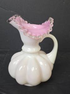 Fenton Silver Crest Melon Pitcher: Pink with White Overlay, Ruffled Glass Pitcher