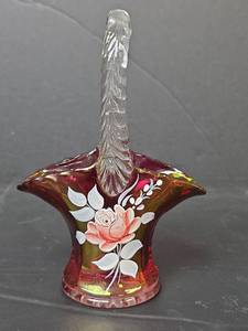 lot 202 image: 1976 Westmoreland Cranberry Glass Basket with Hand-Painted Roses