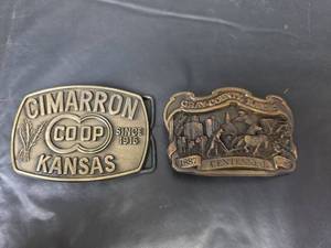 lot 211 image: Cimarron Co-op and 1987 Gray County Kansas Centennial Belt Buckle