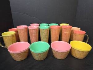 lot 249 image: MCM RaffiaWare - Raffia Wrapped Drinking Glass, Mug, and Bowl Set
