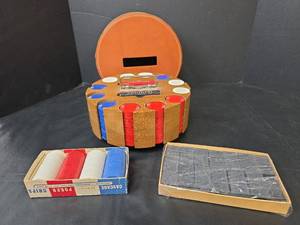 lot 266 image: Triumph Poker Chip Set with Orange Leather Case and Vintage Dominos