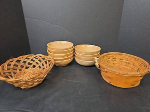 lot 267 image: Wooden Kitchen King (Japan) Bowl Set with Wicker Baskets