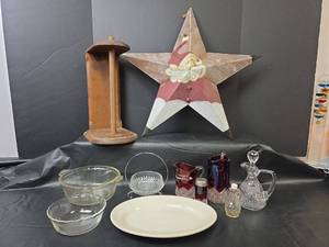 lot 279 image: Mixed Glassware Collection with Crystal Pitchers and Cruet, and Decorative Star