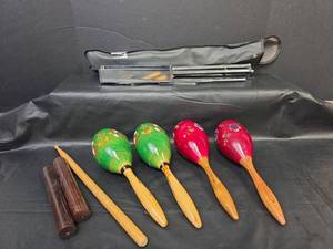 lot 290 image: Mexican Maracas Set, Folding Music Stand, and other Wood Instruments