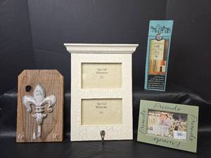 lot 310 image: Decorative Home Collection - Fleur-de-lis Hook, Picture Frames, and Vinyl Wall Art
