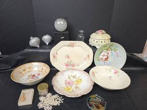 lot 337 image: Vintage Serving Bowls, Plates, Glass Christmas Bulbs, Trinket Dish, and More