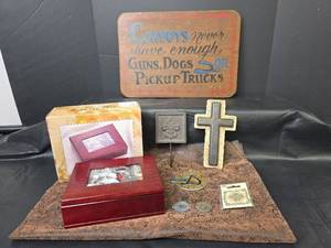 lot 339 image: Western Decor - Mothers Jewelry Box, Cross & Cowboy Sign