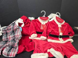 lot 353 image: 2 - Santa Claus 4-Piece Holiday Outfit Sets Size 3-6 months, Lobster Costume Size 3-6 months, Overalls Outfit Size 3-6 months