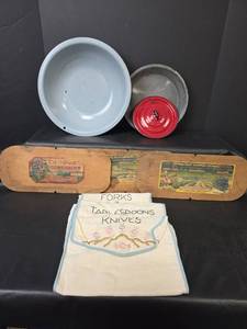 lot 356 image: Central Fruit Growers Exchange Wooden Grape Crate Lids, Enamelware,  and Silverware Pouches