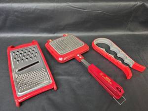 lot 368 image: Red Copper Griddle, Grater, and Jar Opener