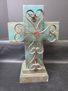 lot 375 image: Decorative Turquoise Wood and Metal Cross 12in tall