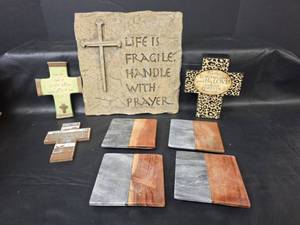 lot 376 image: Religious Cross Wall Decor and Granite Coasters