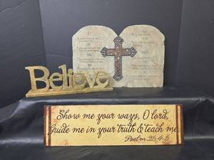 lot 381 image: Ten Commandments Wall Plaque, Believe Stand, and Metal Sign